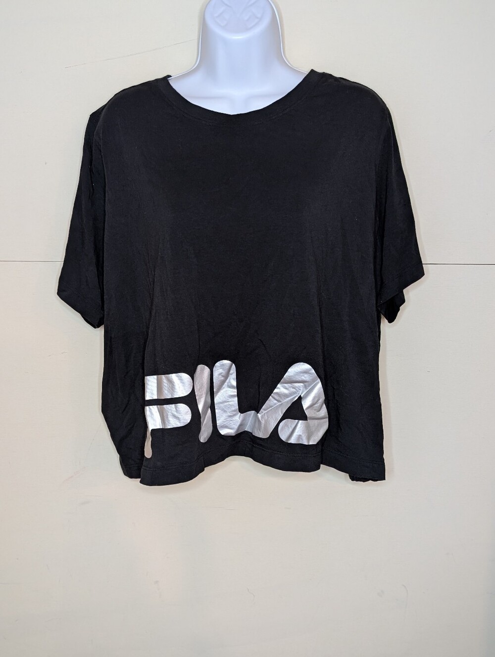 Fila Loose Fit Slightly Cropped Tee Black With Silver Lettering